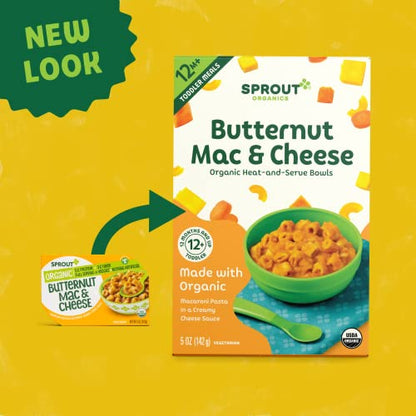 Sprout Organic Baby Food, Toddler Meals, Macaroni Pasta with Butternut Squash Cheese Sauce, 5 Oz Bowl (8 Count)