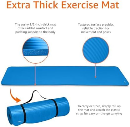 Amazon Basics 1/2 Inch Extra Thick Exercise Yoga Mat with Carrying Strap, Cushioned Support, for Fitness and Gym Workouts