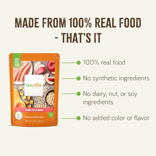 Real Food Blends Salmon, Oats & Squash - Pureed Food Meals for Tube Feeding with Protein, Vegetables & Fruits - 330 Calories for Lunch & Dinner - 9.4 oz (Pack of 12)