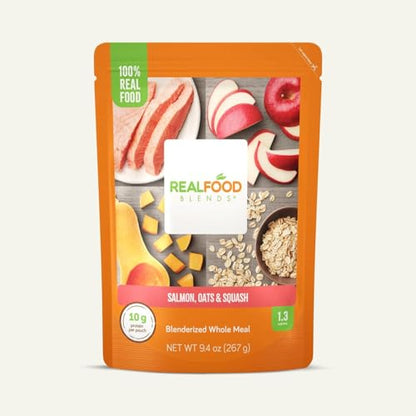 Real Food Blends Salmon, Oats & Squash - Pureed Food Meals for Tube Feeding with Protein, Vegetables & Fruits - 330 Calories for Lunch & Dinner - 9.4 oz (Pack of 12)