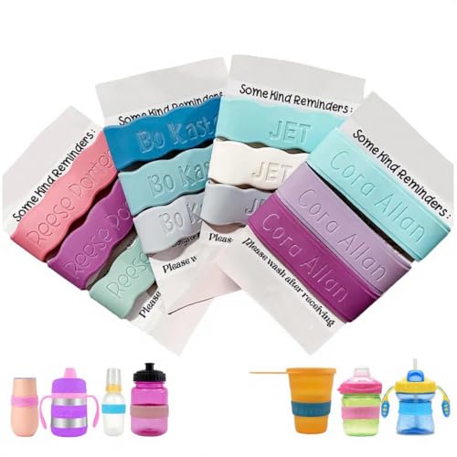 3 Piece Personalized Baby Bottle Labels for Daycare School Summer Camp Customized Children's Water Bottle Name Bands Custom Engraved Reusable Silicone Cup Bands Labels