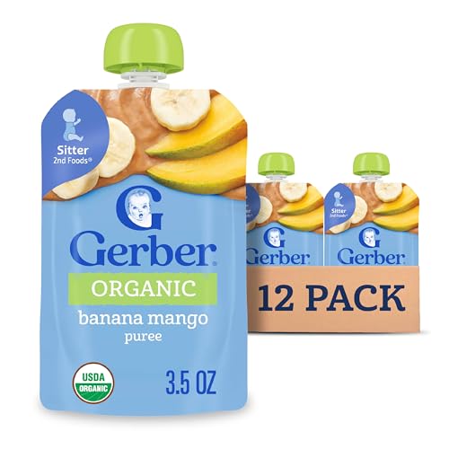 Gerber Stage 2 Baby Food, Organic Banana Mango Puree Pouch, 2 Servings of Fruit, No Added Sweetener, No Artificial Colors or Flavors, 12-Pack