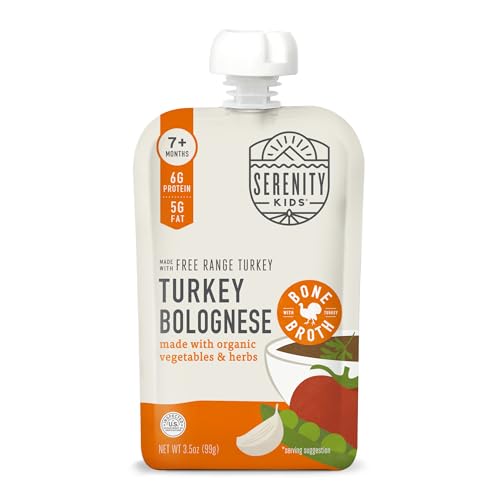 Serenity Kids 7+ Month Turkey Bolognese Bone Broth Baby Food Puree - Toddler Pouches with Organic Veggies & Free-Range Turkey - High-Protein Savory Blend, No Added Sugar & BPA-Free - 3.5 Oz, 12 Pack