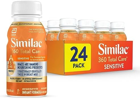 Similac 360 Total Care Sensitive Infant Formula for Fussiness & Gas Due to Lactose Sensitivity, Has 5 HMO Prebiotics, Baby Formula, Ready to Feed, 8-fl-oz Bottle, Pack of 24