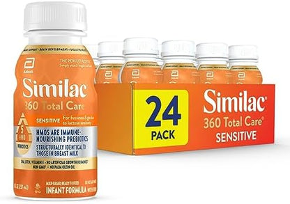 Similac 360 Total Care Sensitive Infant Formula for Fussiness & Gas Due to Lactose Sensitivity, Has 5 HMO Prebiotics, Baby Formula, Ready to Feed, 8-fl-oz Bottle, Pack of 24