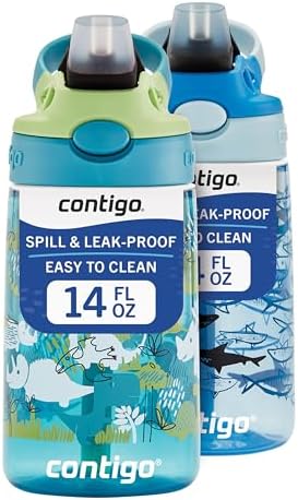 Contigo Aubrey Kids Dinos & Sharks Cleanable Water Bottle with Silicone Straw Spill-Proof Lid Dishwasher Safe 14oz 2-Pack