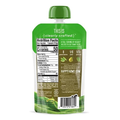 Happy Baby Organics Stage 2 Baby Food Pouches, Gluten Free, Vegan & Healthy Snack, Clearly Crafted Fruit & Veggie Puree, Green Beans, Pears & Spinach, 4 Ounces (Pack of 16)