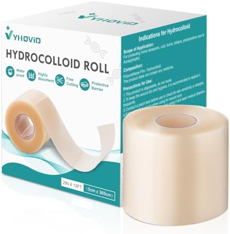 Hydrocolloid Roll for Wound Care, Hydrocolloid Patch Bandages with Self-Adhesive, Bed Sore Bandages, Highly Absorbent for Burn, Blister, Acne Care, Sterile and Waterproof (2in x 12ft)