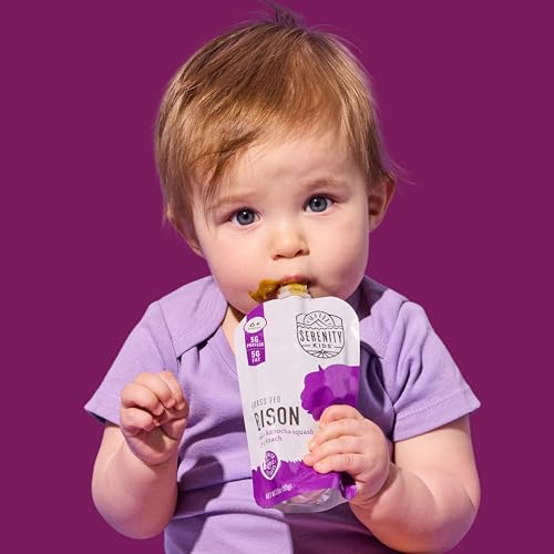 Serenity Kids Baby Food Pouches, Grass Fed Bison with Organic Kabocha Squash & Spinach, For 6+ Months, 3.5 Ounce Pouch (12 Count)
