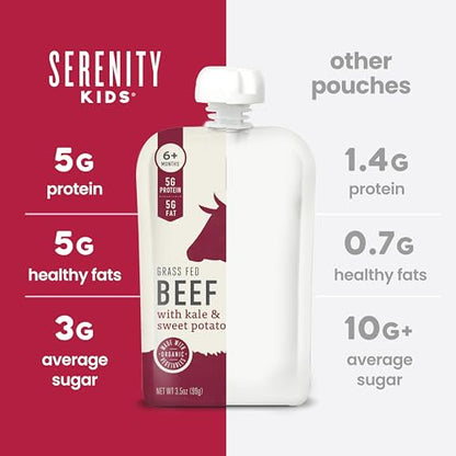 Serenity Kids 6+ Months Baby Food Pouches - Grass Fed Beef Puree with Organic Kale & Sweet Potato - BPA-Free Baby Snacks - 3.5 Oz, 6 Pack