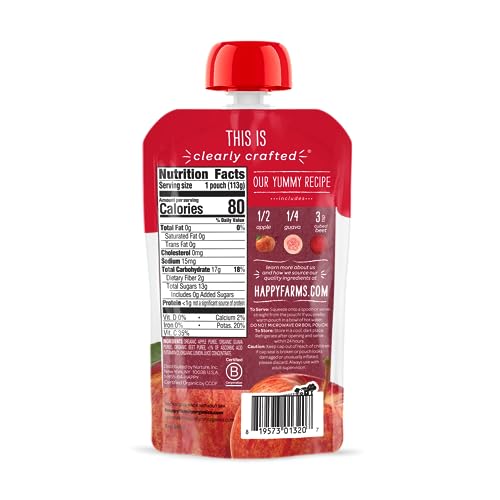 Happy Baby Organics Stage 2 Baby Food Pouches, Gluten Free, Vegan & Healthy Snack, Clearly Crafted Fruit & Veggie Puree, Apples, Guavas & Beets, 4 Ounces (Pack of 16)