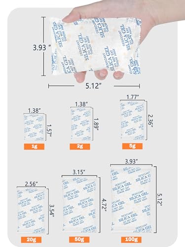 Premium 20 Gram 50 Pcs Desiccant Silica Gel Packets with Color Indicating - Rechargeable Moisture Absorbers for Food Grade Silica Packets for Foods, Seeds, 3D Filaments, Electronics, Safes