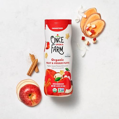 Once Upon A Farm Apple, Sweet Potato & Coconut Puffed Sorghum Snack, Fruit & Veggie Puffs, Non GMO, 1.5 Ounces (Pack Of 6)