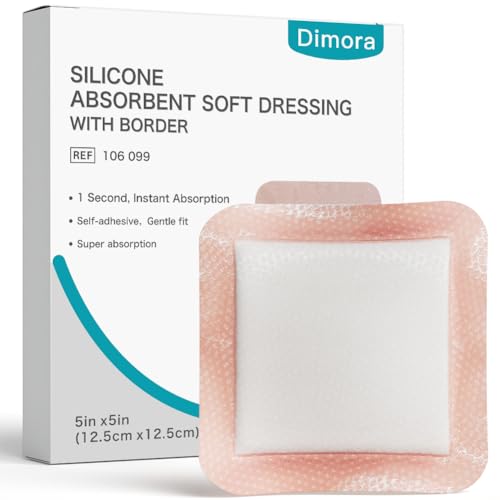 Dimora Silicone Super Absorbent Wound Dressings - Gentle Adhesive Bandages with Ultrasorb Polymer,Heavy Exudate Wound Care Pads 5"X 5" 10 Packs
