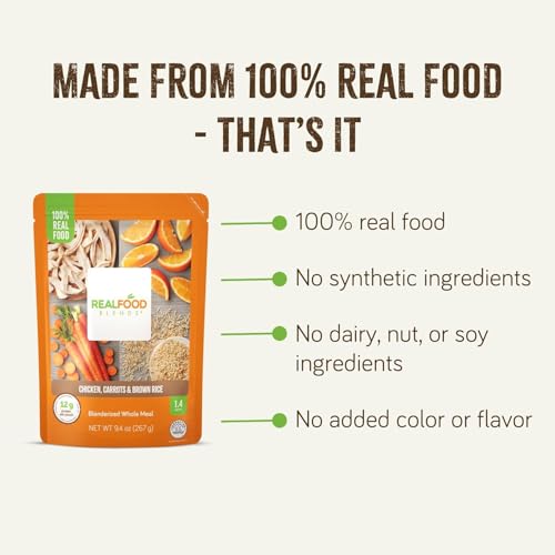 Real Food Blends Chicken, Carrots & Brown Rice - Pureed Food Meals for Tube Feeding with Protein, Vegetables & Fruits - 340 Calories for Lunch & Dinner - 9.4 oz (Pack of 12)