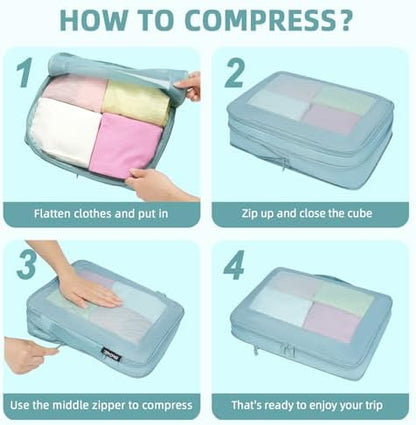 BAGAIL 4 Set/6 Set/8 Set Compression Packing Cubes Travel Accessories Expandable Packing Organizers (Square Mesh, 06-Dusty Blue)
