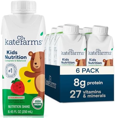 KATE FARMS Organic Kids Nutrition Strawberry Shake, 8g Protein, 27 Vitamins and Minerals, Meal Replacement, Gluten Free, Non-GMO, 8.45 oz (6 Pack)