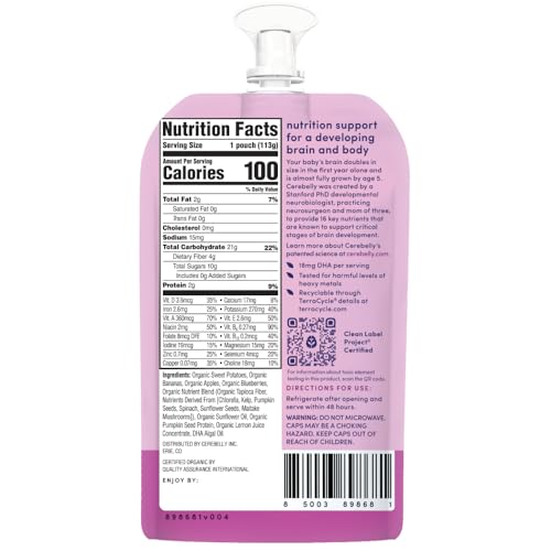 Cerebelly Organic Baby Food Pouches – Dairy Free Smoothies for Toddlers | No Added Sugar, Fiber, Non-GMO | Toddler Smoothie Pouches | 4oz BPA-Free Baby Food | Sweet Potato Banana Blueberry | 6 Count