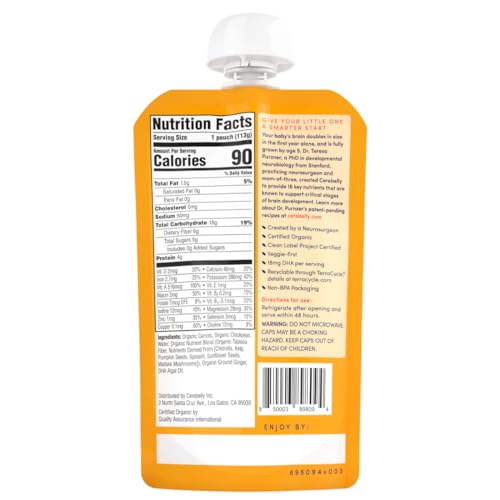 Cerebelly Baby Food Pouches – Organic Veggie Purees for Toddlers | No Added Sugar, Fiber, Non-GMO | Blended Toddler Pouches | 4 Ounce BPA-Free Pouch | Carrot Chickpea | 12 Count