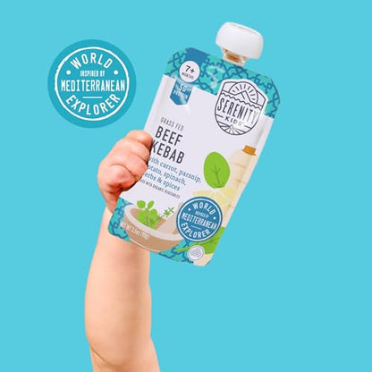 Serenity Kids 7+ Months World Explorers Baby Food Pouches Puree Made with Ethically Sourced Meats & Organic Veggies - 3.5 Ounce BPA-Free Pouch - Beef Kebab - 12 Count Meat Baby Food