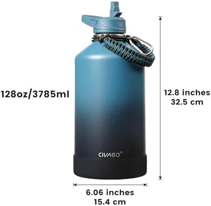 CIVAGO Gallon Insulated Water Bottle Jug with Straw, 128 oz Large Stainless Steel Water Flask, Big Metal Thermal Mug with 3 Lids for Sports, Travel, Gym, and Camping, Black