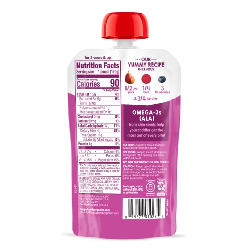 Happy Tot Organics Super Foods Stage 4, Pears, Blueberries & Beets (Pack of 16) & Stage 4 Fiber & Protein 4 Flavor Variety Pack (Pack of 16)