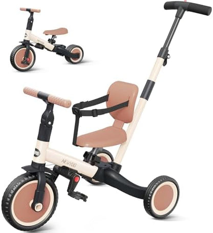 newyoo Toddler Tricycle with Push Handle for 1-3 Year Old, Toddler Bike, Birthday Gift and Toy for Boys and Girls, 5 in 1 Kids Trike, Balance Bike with Backrest and Safety Belt, Khaki, TR007