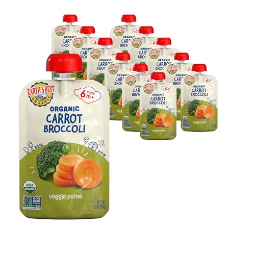 Earth's Best Organic Baby Food Pouches, 6+ Months, Vegetable Puree for Babies 6 Months and Up, Organic Carrots and Broccoli, 3.5 Ounce Resealable Pouch (Pack of 12)