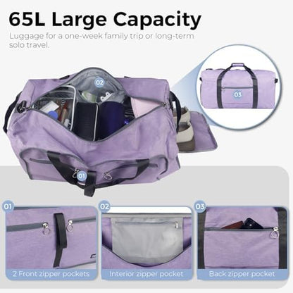 Fmeida 65L Duffle Bag with Shoes Compartment, Foldable Travel Duffel Bags for Men Women, Large Packable Travel Bag Water Repellent & Tear Resistant (Purple)