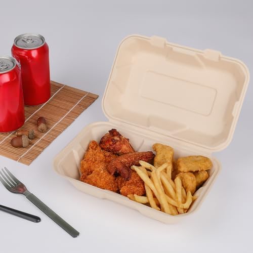 Aricsen Compostable 100 Pack 9x6 Inch Takeout Lunch Box Containers with Lid To Go Take Out Clamshell for Food, Disposable Eco-Friendly Biodegradable Bagasse, PFAS-Free, Brown