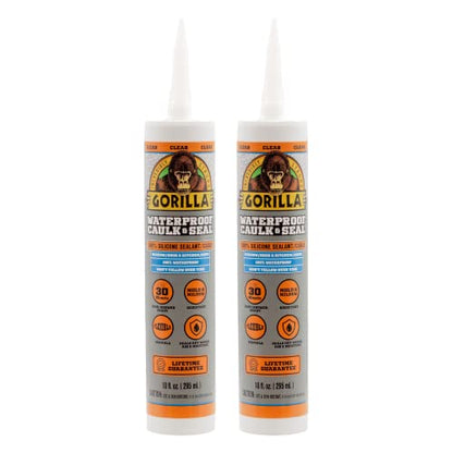 Gorilla Waterproof Caulk & Seal Silicone Sealant, 10Oz Cartridge (Pack of 2) - Clear Caulking Sealant for Kitchen, Window, Bath, Marine, Door and More