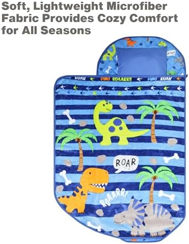 EVERYDAY KIDS Cute Preschooler and Toddler Cot Nap Mat for Home, Daycare, Preschool and Kindergarten; Easy to Roll Sleeping Mat with Elastic Straps, Pillow and Blanket