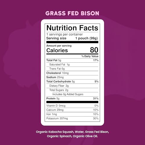 Serenity Kids Baby Food Pouches, Grass Fed Bison with Organic Kabocha Squash & Spinach, For 6+ Months, 3.5 Ounce Pouch (12 Count)