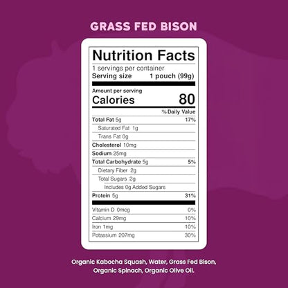 Serenity Kids Baby Food Pouches, Grass Fed Bison with Organic Kabocha Squash & Spinach, For 6+ Months, 3.5 Ounce Pouch (12 Count)