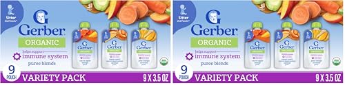 Gerber Organic For Baby 2nd Foods Pouches Immune Builder Variety Pack (3) Carrot Apple Mango (3) Mango Peach Carrot Sweet Potato Oatmeal (3) Pear Mango Avocado 1.96lb (18 Pack)