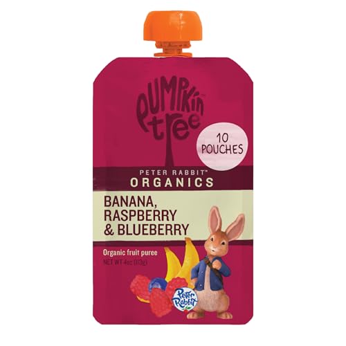 Pumpkin Tree Peter Rabbit Organics, Organic Raspberry, Banana and Blueberry 100% Pure Fruit Snack, 4 oz. Squeeze Pouches (Pack of 10)