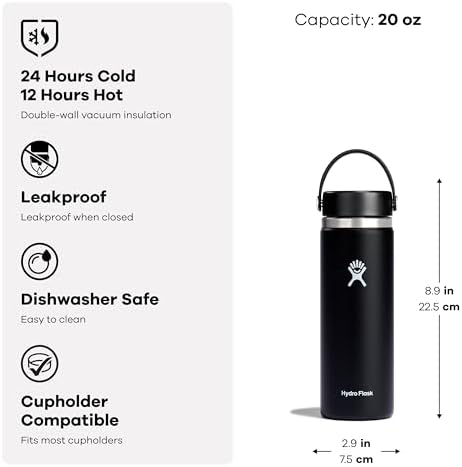 Hydro Flask Water Bottle - Insulated Stainless Steel - Wide Mouth Flex Lid, Non Spill, Leakproof and Refillable in 20 Oz