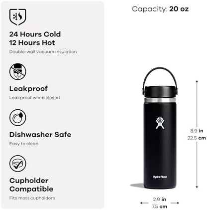 Hydro Flask Water Bottle - Insulated Stainless Steel - Wide Mouth Flex Lid, Non Spill, Leakproof and Refillable in 20 Oz