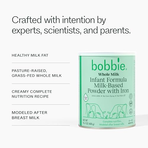 Bobbie Whole Milk, Grass Fed Infant Formula with Iron, Plant Based DHA and ARA, Vitamin D and Protein Blend Modeled After Breast Milk, For Newborn Baby to 12 Month Old, 14.1 oz