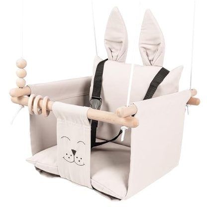 Indoor Outdoor Baby Swing with 3-Point Harness and Hardware for Ceiling, Porch, Doorway, Canvas Baby Swing Outdoor Toddler Swing Seat Beige