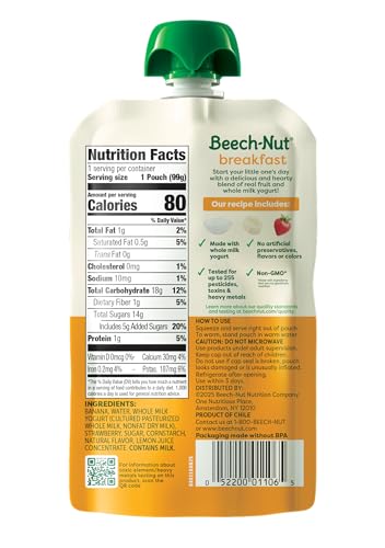 Beech-Nut Toddler Food Breakfast Pouches,Yogurt Banana & Strawberry Puree, 3.5 oz (12 Pack)