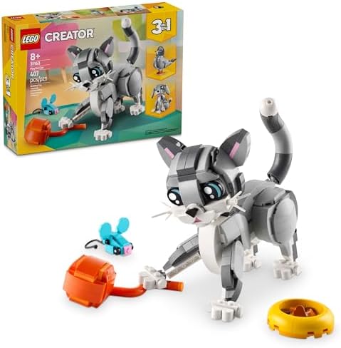 LEGO Creator 3 in 1 Playful Cat Toy - Building Toy with 3 Building Options, Cat, Dog, or Pigeon - Birthday Gift for Kids - Animal Figures for Kids, Girls and Boys, Ages 8+ - 31163