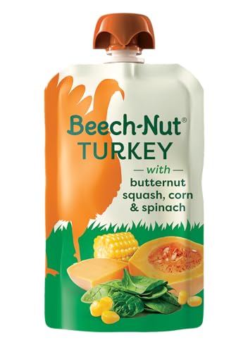 Beech-Nut Turkey Baby Food Pouches with 4g of Protein, Turkey Butternut Squash Corn & Spinach, Baby Puree Meat Baby Food Pouch, Stage 2, 3.5 oz Pouch (12 Pack)