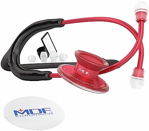 MDF Instruments, Acoustica Lightweight Stethoscope for Doctors, Nurses, Students, Home Health Use, Adult, Dual Head, Black Tube, Red Chestpiece-Headset, MDF747XPR11
