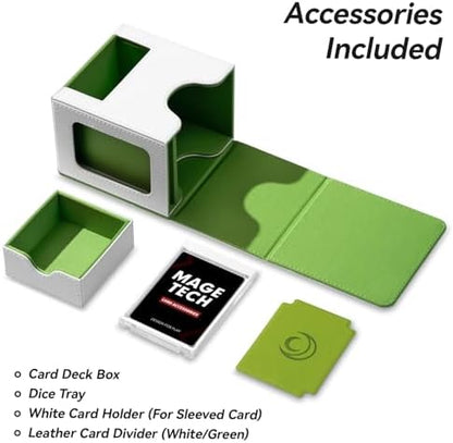 Card Deck Box for MTG Commander - Patented Design, Commander Display, Fits 100 Double-Sleeved Cards, 35pt Card Brick & Dice Tray - White/Green