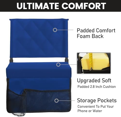 Sheenive Stadium Seats for Bleachers with Back Support, Bleacher Seats with Backs and Cushion Wide, Padded Portable Folding Comfort Stadium Chair with Shoulder Strap, Perfect for Sports Events, Blue