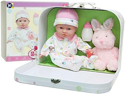 JC Toys - La Baby Travel Case Gift Set| Caucasian 11-inch Small Soft Body Baby Doll | Washable | Cute Outfit, Bottle, Pacifier & Plush Bunny | for Children 12 Months +, Pink