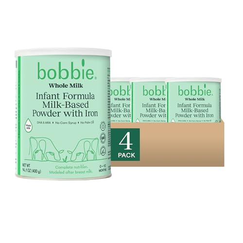 Bobbie Whole Milk, Grass Fed Infant Formula with Iron, Plant Based DHA and ARA, Vitamin D and Protein Blend Modeled After Breast Milk, For Newborn Baby to 12 Month Old, 14.1 oz, 4 Pack
