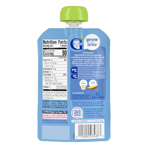Gerber Stage 2 Baby Food, Organic Banana Mango Puree Pouch, 2 Servings of Fruit, No Added Sweetener, No Artificial Colors or Flavors, 12-Pack