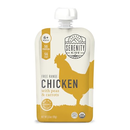Serenity Kids 6+ Months Baby Food Pouches Chicken Puree - BPA-Free Organic Baby Food - Free-Range Chicken & Pea & Carrot - 3.5 Oz, 6 Pack